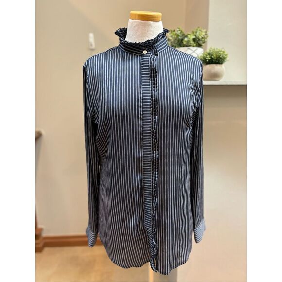 Banana Republic M Navy high collar striped sheer ruffle long sleeve button down - Picture 1 of 8